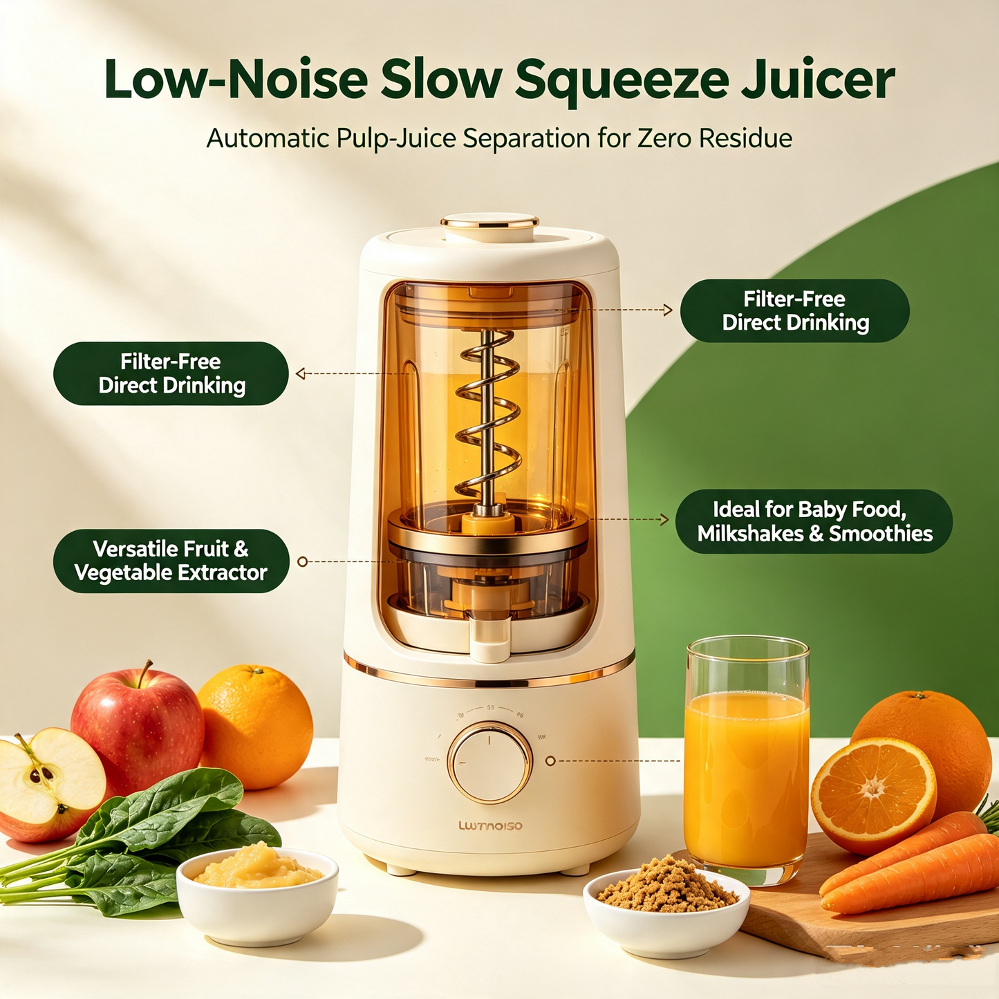 🥤Low-Noise Slow Squeeze Juicer ✨Automatic Pulp-Juice Separation for Zero Residue | Versatile Home Fruit & Vegetable Nutrition Extractor | Filter-Free Direct Drinking Design, Ideal for Baby Food, Milkshakes & Smoothies🍃