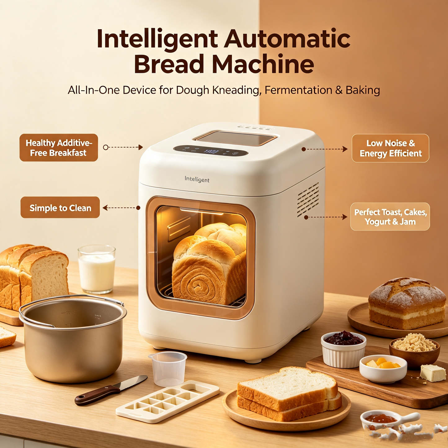 🍞✨Intelligent Automatic Bread Maker | Multi-Purpose Baking Essential | Create Additive-Free Healthy Breakfast | Quiet Energy-Saving, Easy to Wash | Zero-Failure Choice for Starters, Makes Toast, Cakes, Yogurt & Jam🌟