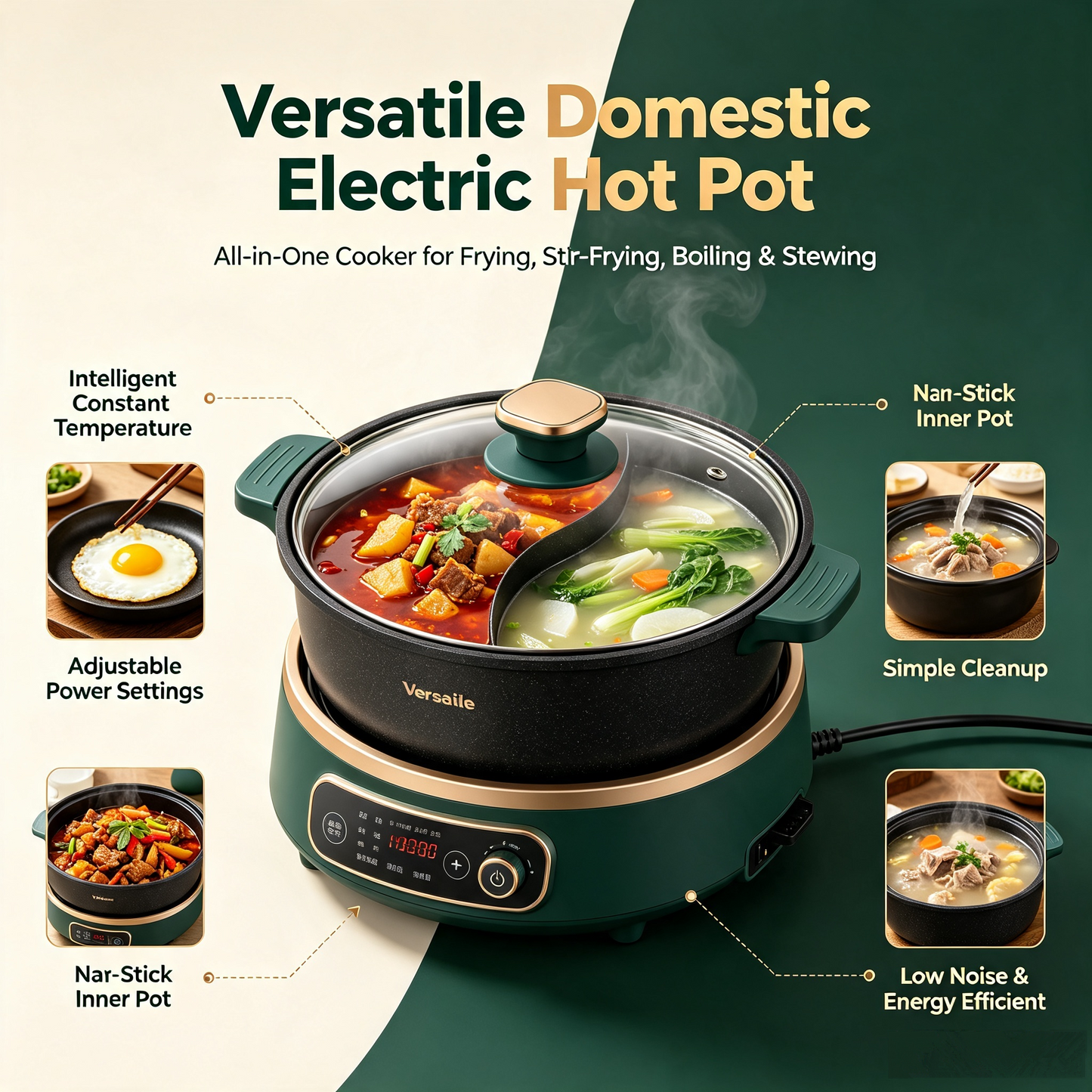 🍲Versatile Domestic Electric Hot Pot |Non-Stick Inner Pot, All-in-One Cooker for Frying, Stir-Frying, Boiling & Stewing | Simple Cleanup, Low Noise & Energy Efficient, Ideal for Cooking Newbies